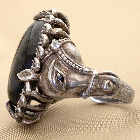 Striking Black Onyx? & CZ Diamond Accent Horse Head Vintage Ring in 925 Silver - Picture 5 of 8